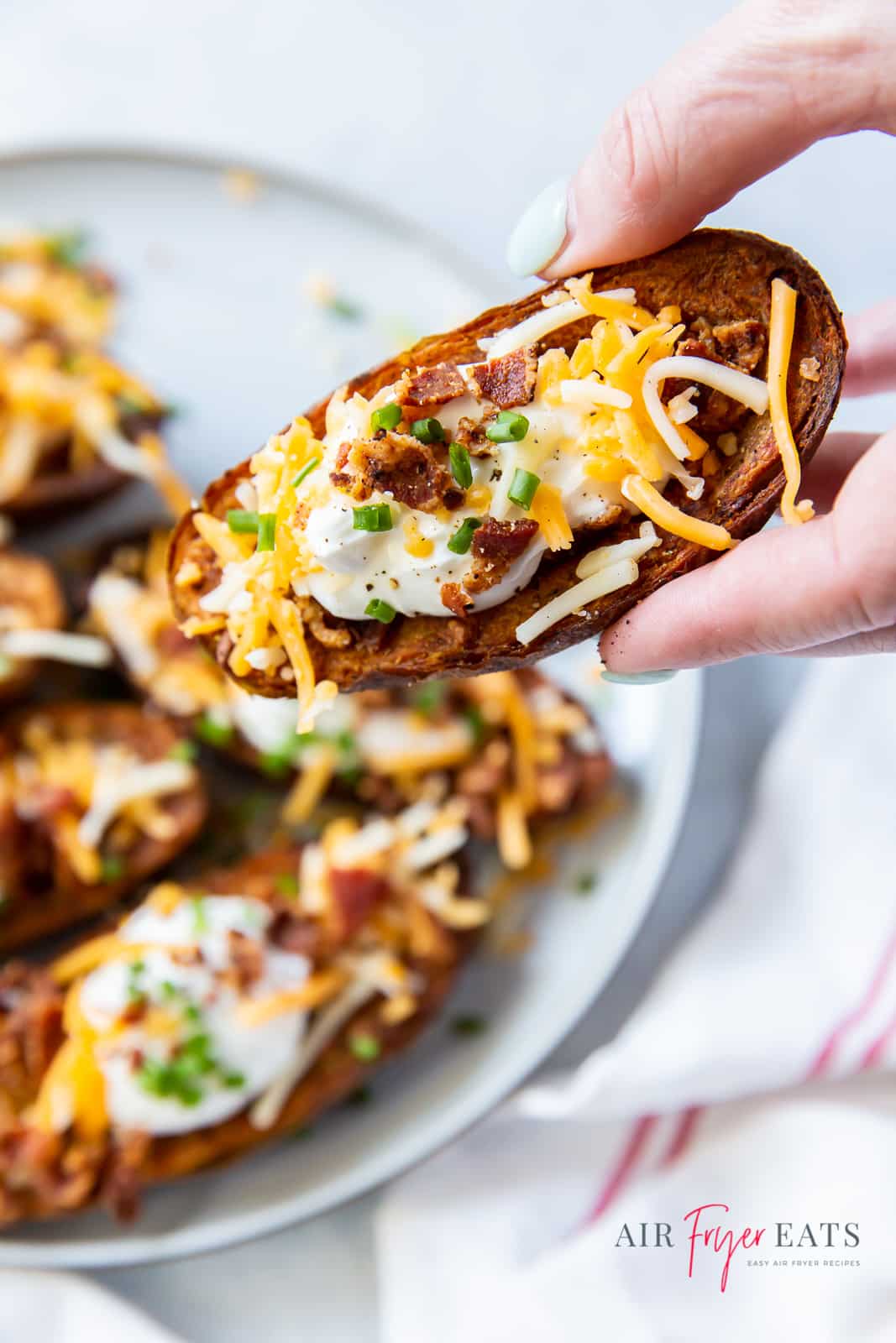a loaded potato skin held by a hand over a plate of potato skins. 