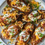 a round platter of potato skins topped with cheese, sour cream and bacon