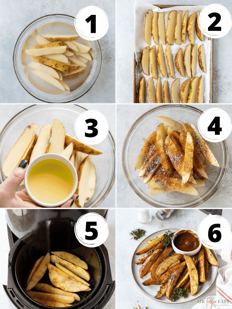 a photo collage showing six steps needed to make air fryer potato wedges