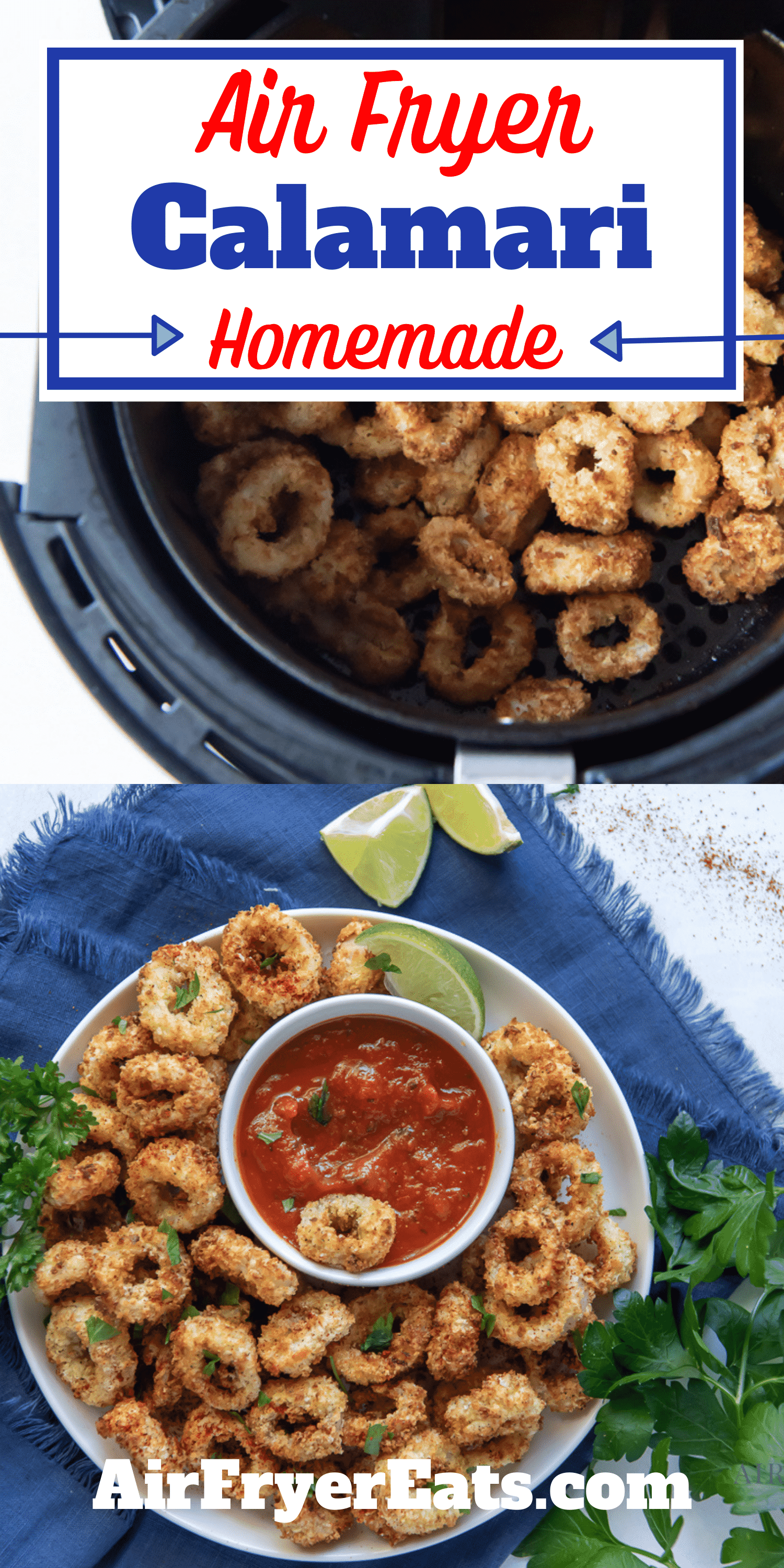 Crispy Air Fryer Calamari rings are a restaurant favorite that is so easy to make at home in your air fryer. You are going to love this crunchy air fried snack. #airfryer #calamari via @vegetarianmamma