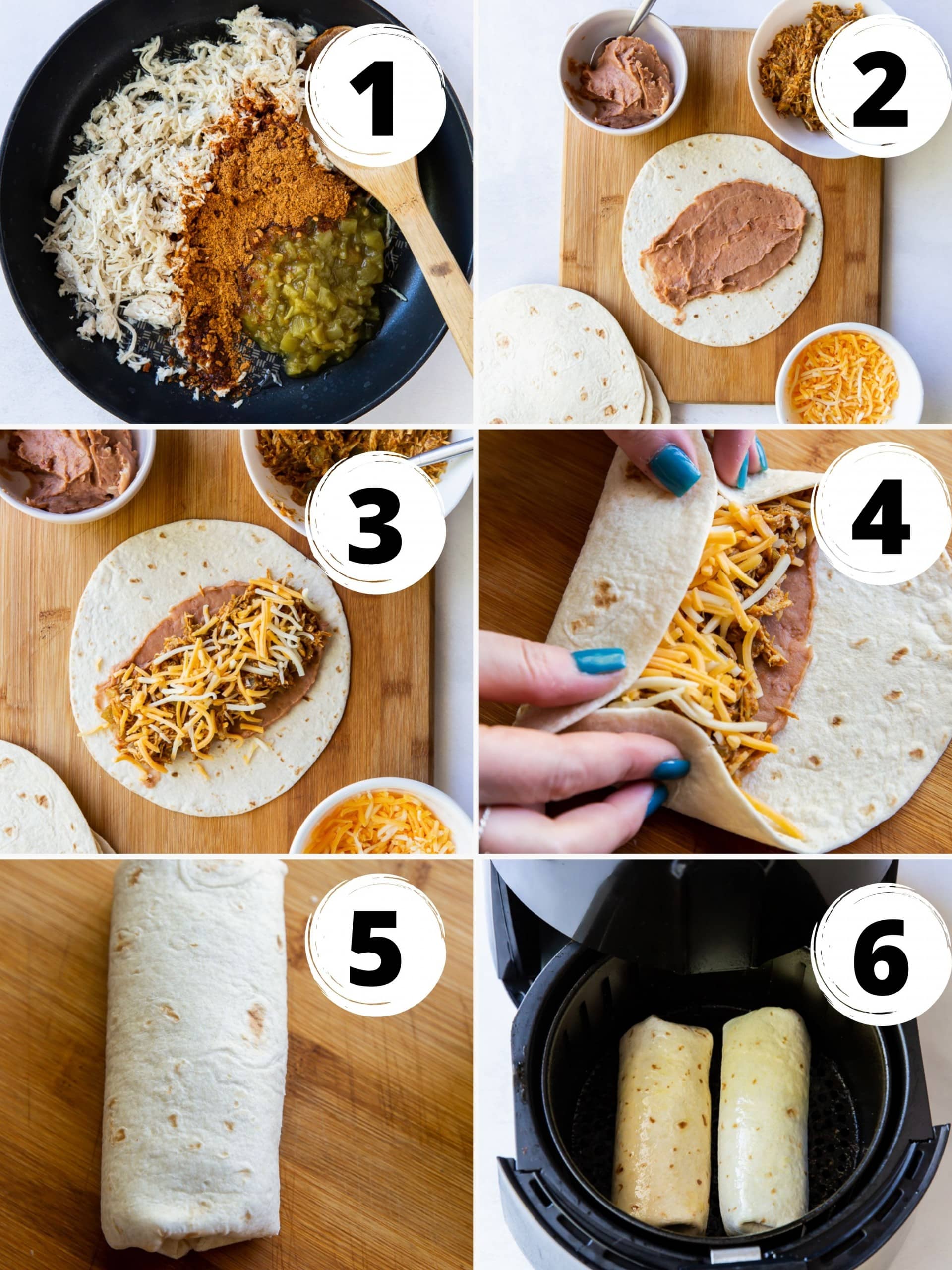 photo collage showing six steps needed to make chicken chimichangas in an air fryer