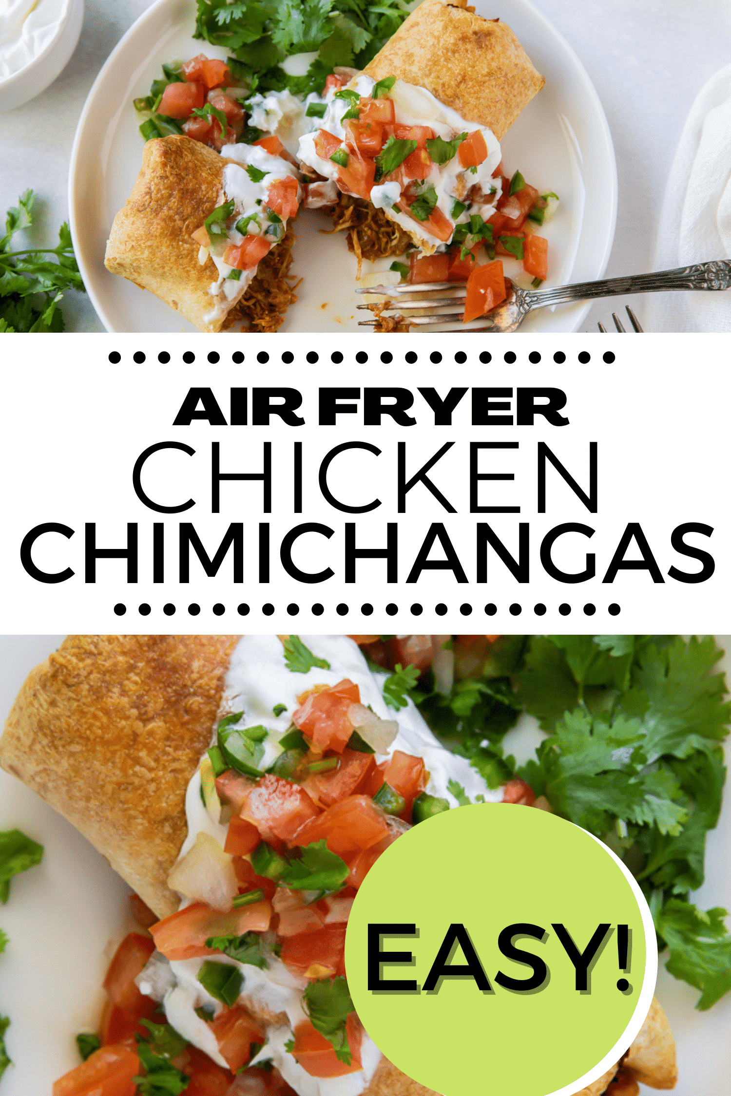 two images of air fryer chimichangas on a white plate, with a title over them that says Air Fryer Chimichangas
