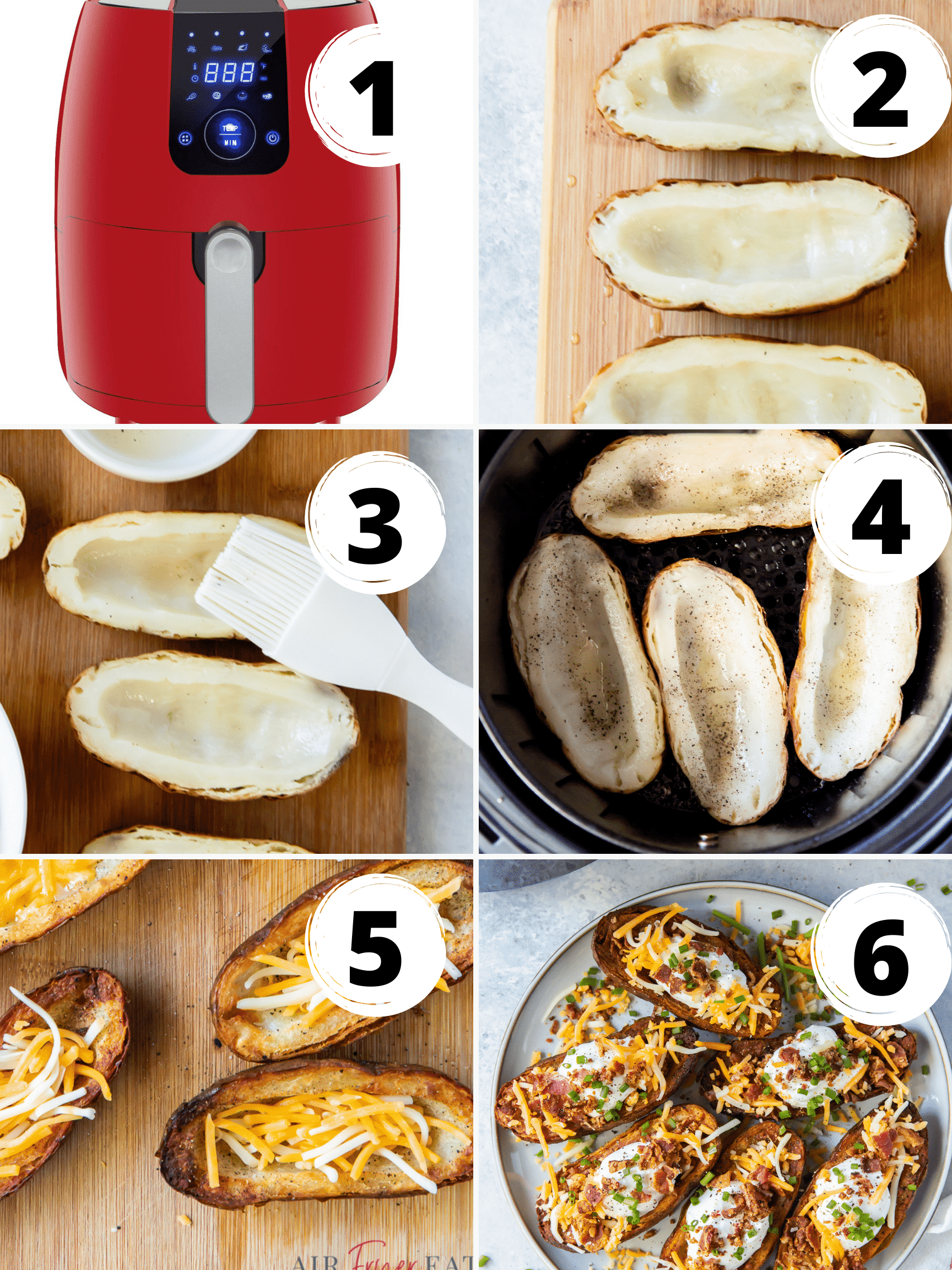 photo collage of six images showing how to make air fryer potato skins