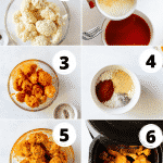 photo collage showing six steps needed to make air fryer buffalo cauliflower