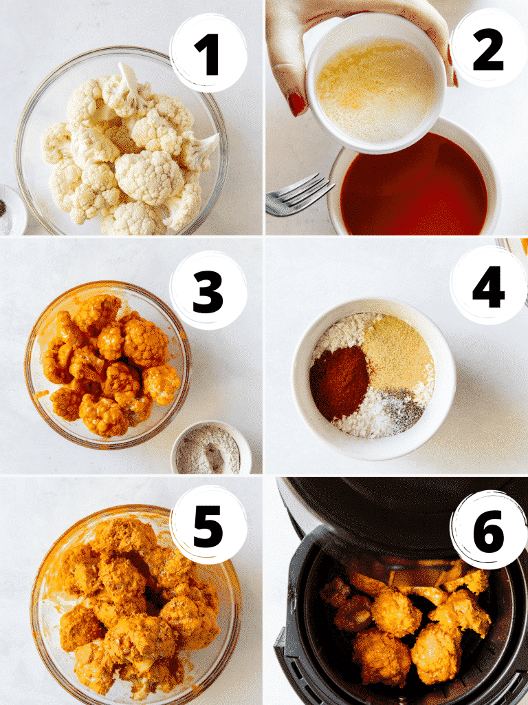 photo collage showing six steps needed to make air fryer buffalo cauliflower