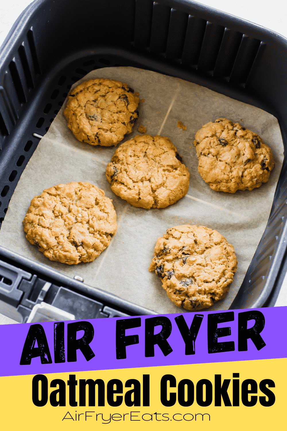 Air Fryer Oatmeal Cookies have never been easier or more delicious! These cookies are sweet, chewy, and packed with raisins. They're also vegan and gluten free, so perfect to serve to any crowd. #airfryercookies via @vegetarianmamma