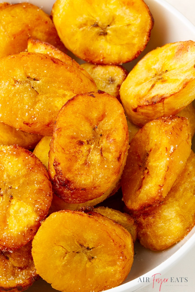 closeup view of air fryer plantains