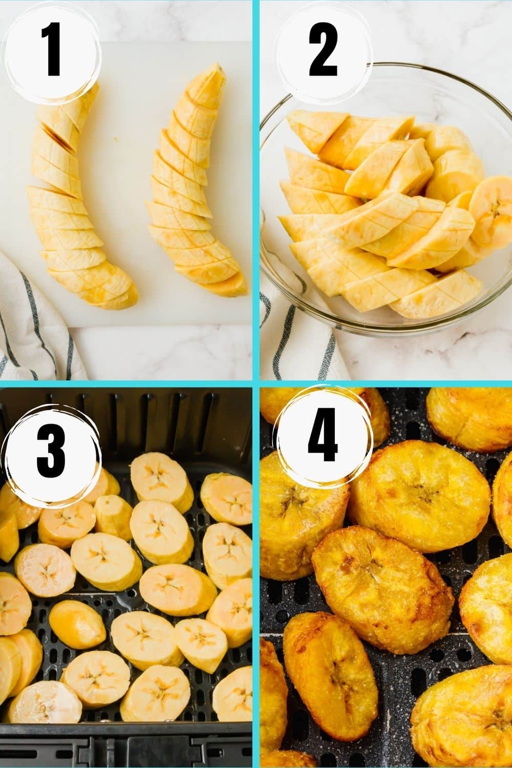 photo collage showing four steps needed to make air fryer plantains