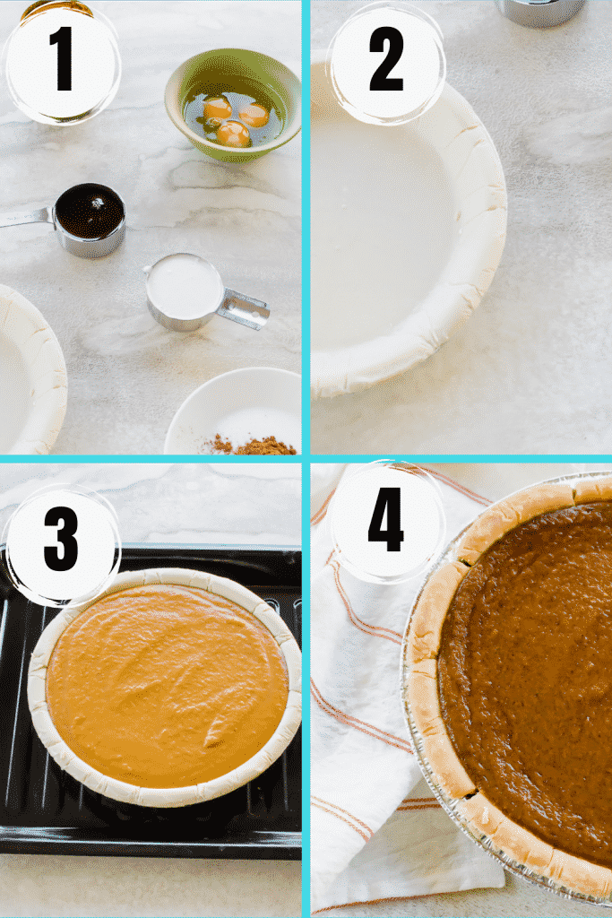 photo collage of four images showing how to make a pumpkin pie in an air fryer oven