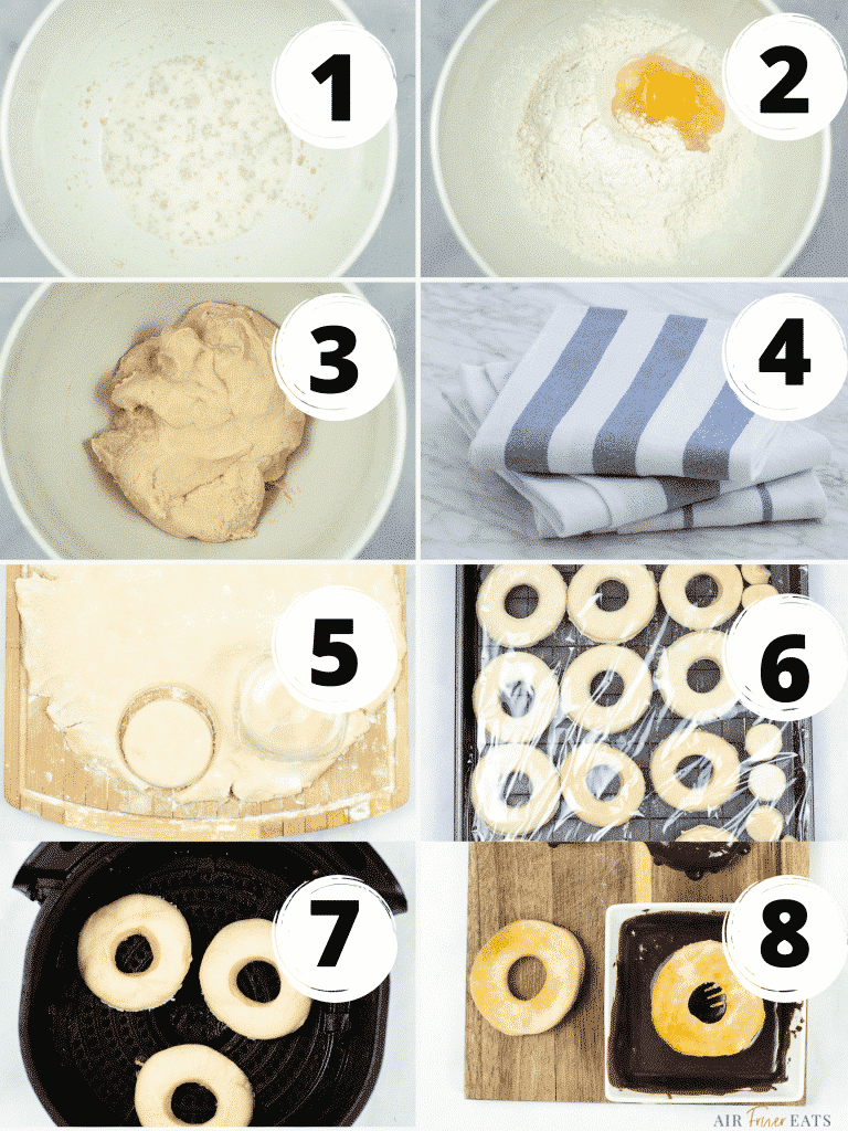 photo collage showing eight steps needed to make air fryer donuts