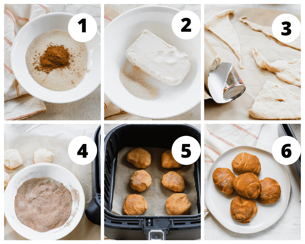 photo collage showing 6 images, each of which is step in the recipe for air fryer pumpkin spice bites