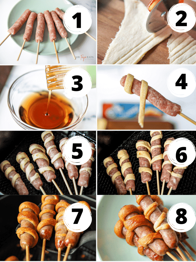 photo collage showing eight steps needed to make air fryer sausage skewers