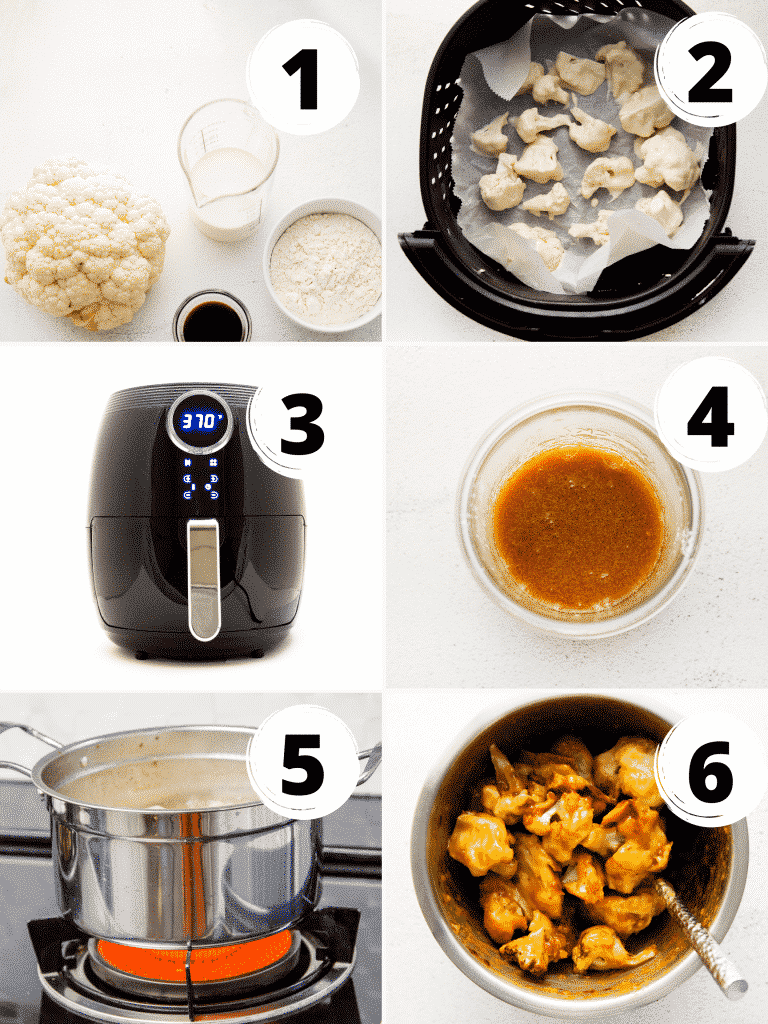 photo collage showing six steps needed to make air fryer sesame cauliflower