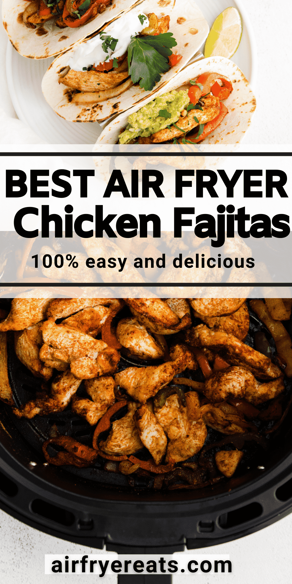 Air Fryer Chicken Fajitas are a deliciously seasoned mix of boneless chicken breast strips, peppers and onions that cook up quickly and easily, ready to fill warm tortillas for dinner. #airfryer #fajitas via @vegetarianmamma