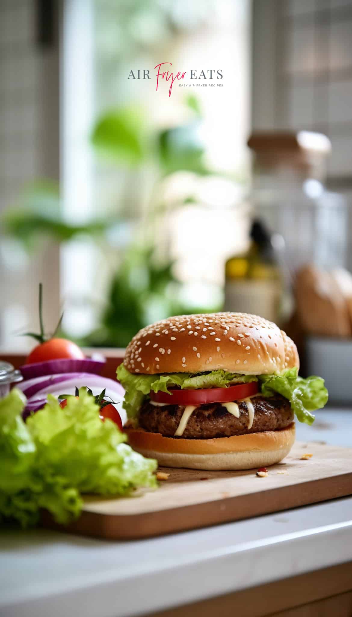 juicy hamburger with all the fixings on a sesame bun in a kitchen with a butcher block counter and plants and a window in the background