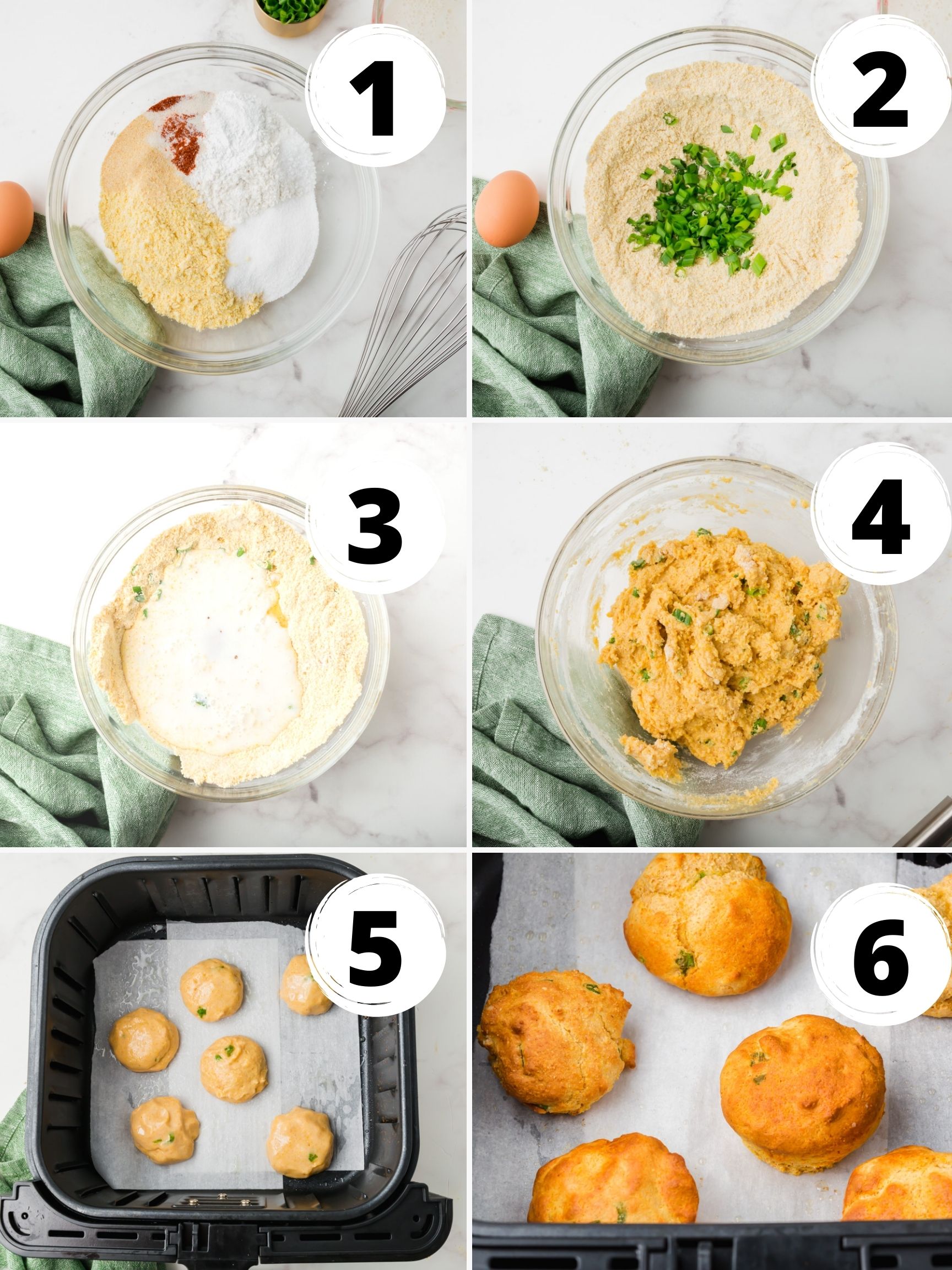 photo collage showing six steps needed to make air fryer hush puppies
