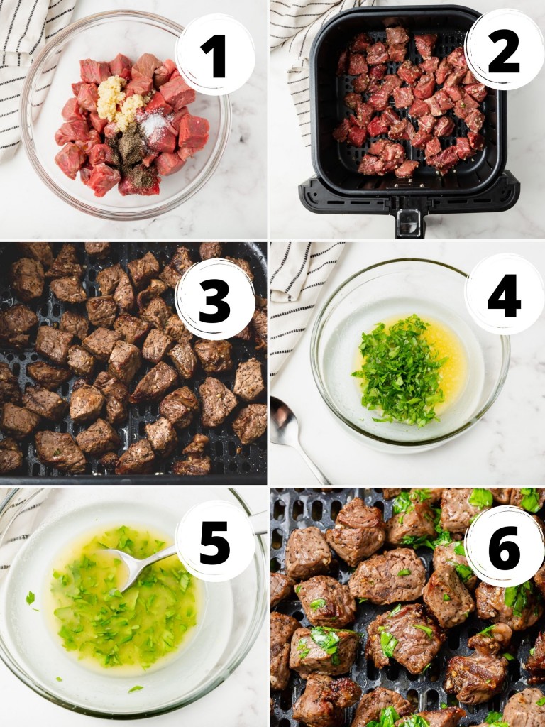 Photo Collage showing six steps needed to make air fryer steak bites