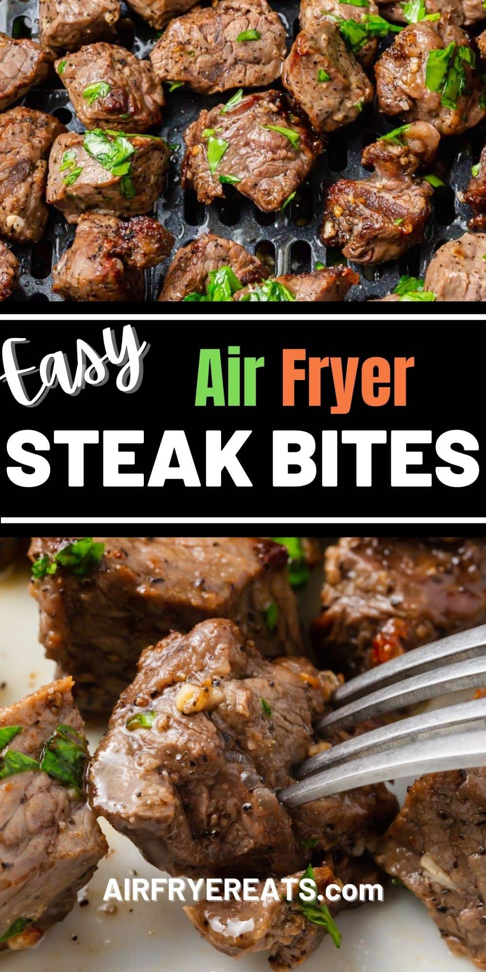 Air Fryer Steak Bites are an easy and convenient way to cook steak that is perfectly cooked and in bite sized pieces. #airfryersteak via @vegetarianmamma