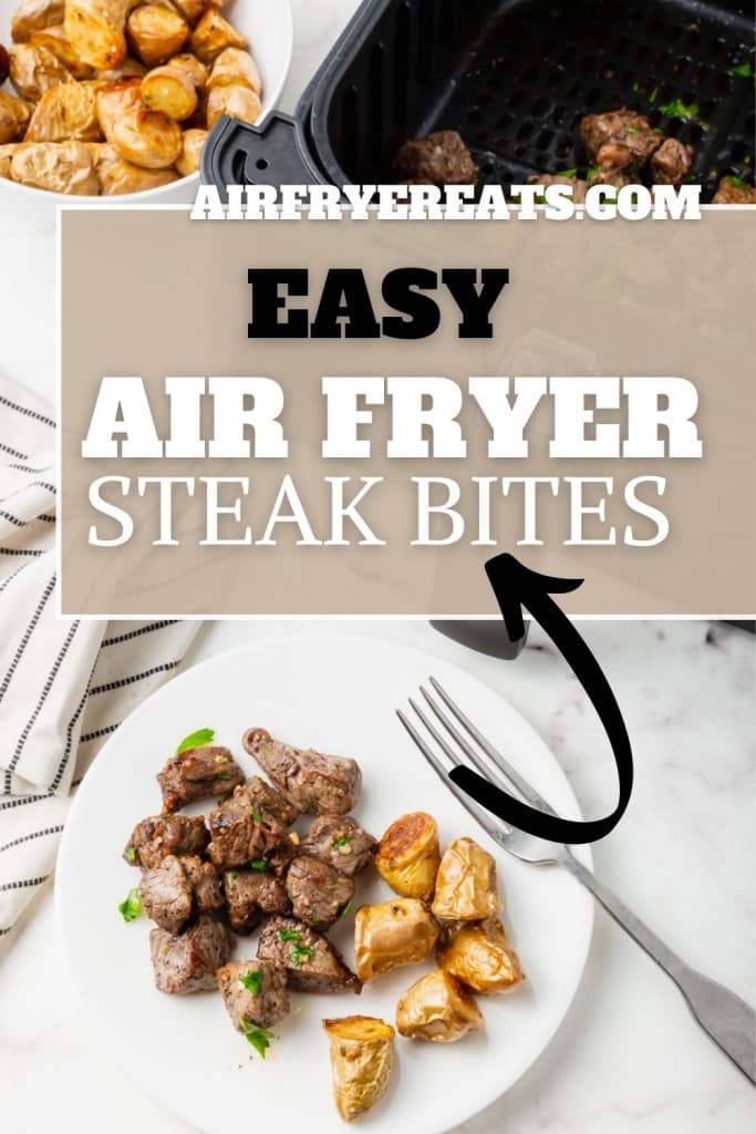 a plate of steak bites with a text overlay