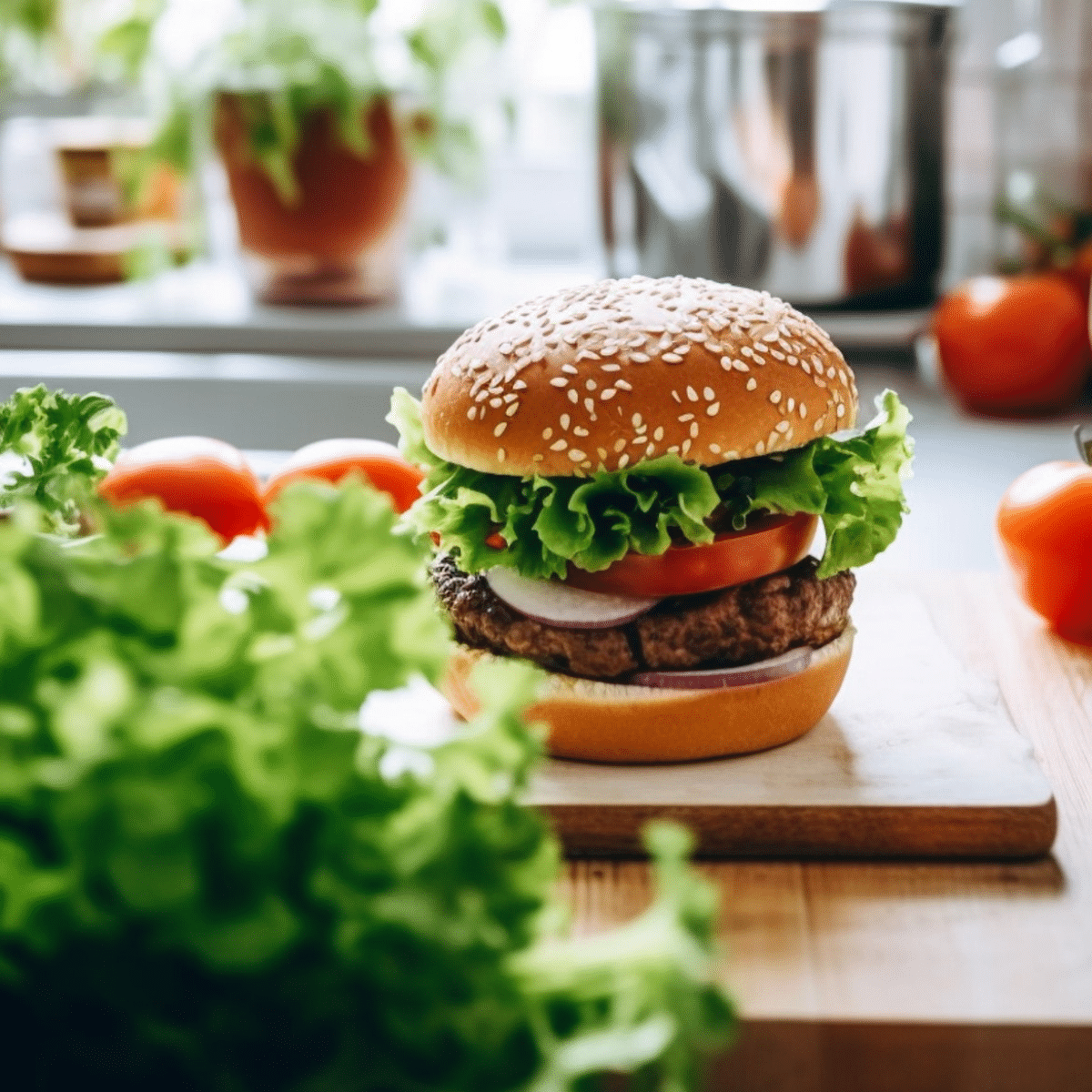 juicy hamburger with all the fixings on a sesame bun in a kitchen with a butcher block counter and plants and a window in the background