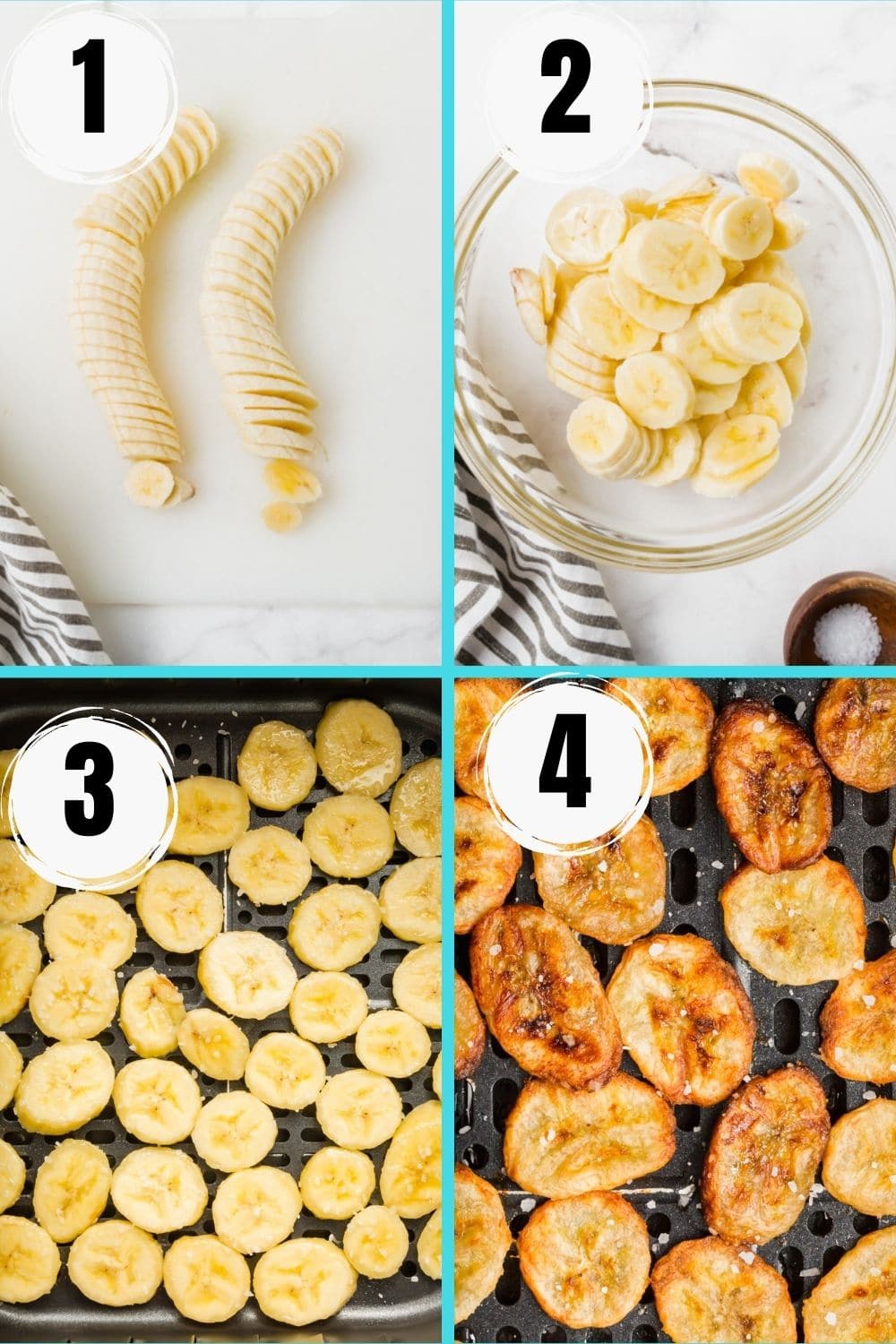 photo collage showing 4 steps needed to make air fryer banana chips