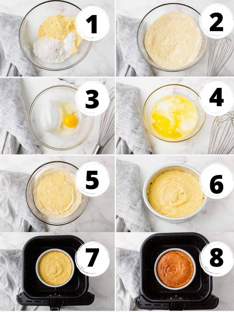 photo collage showing 8 steps needed to make air fryer cornbread