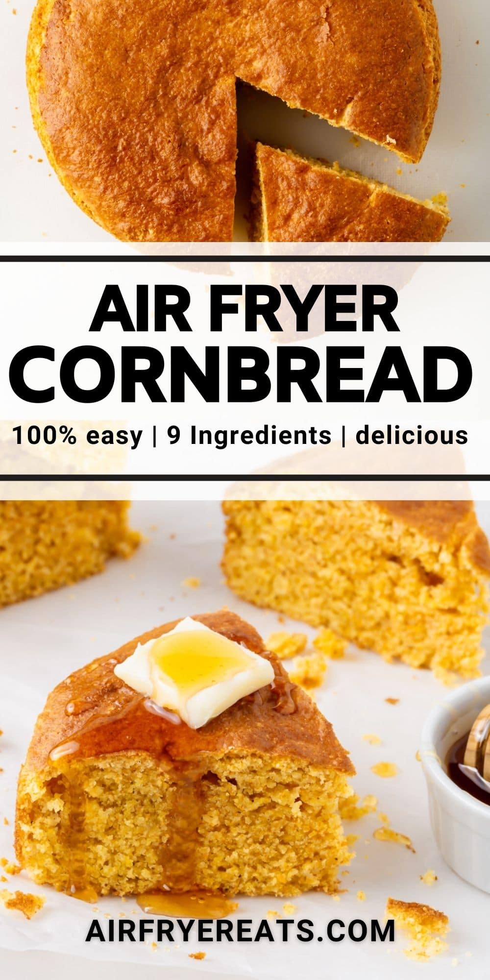 Homemade Air Fryer Cornbread is so simple to make, and you'll be enjoying it in under 30 minutes. This southern style comfort food is a delicious side dish to go with any meal. #airfryer #cornbread via @vegetarianmamma