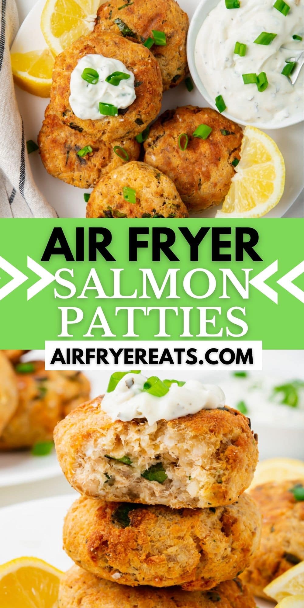 Delicious Air Fryer Salmon Patties are ready in just a few minutes! Crispy on the outside and packed with salmon and the perfect seasonings, you'll love this recipe for simple dinners or lunches. #salmonpatties via @vegetarianmamma