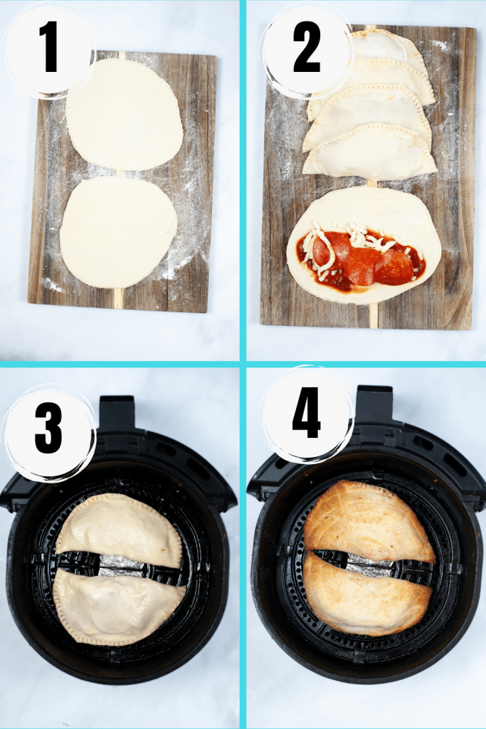 photo collage showing four steps needed to make air fryer calzones