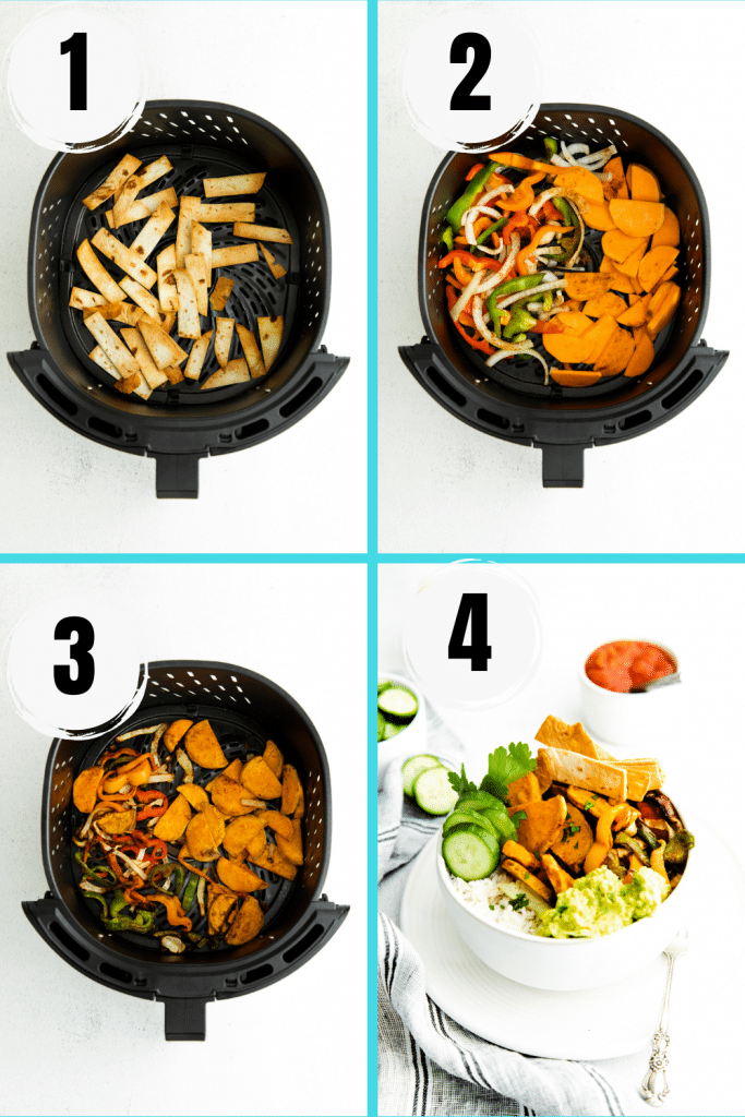 Photo collage of four steps needed to make sweet potato burrito bowls