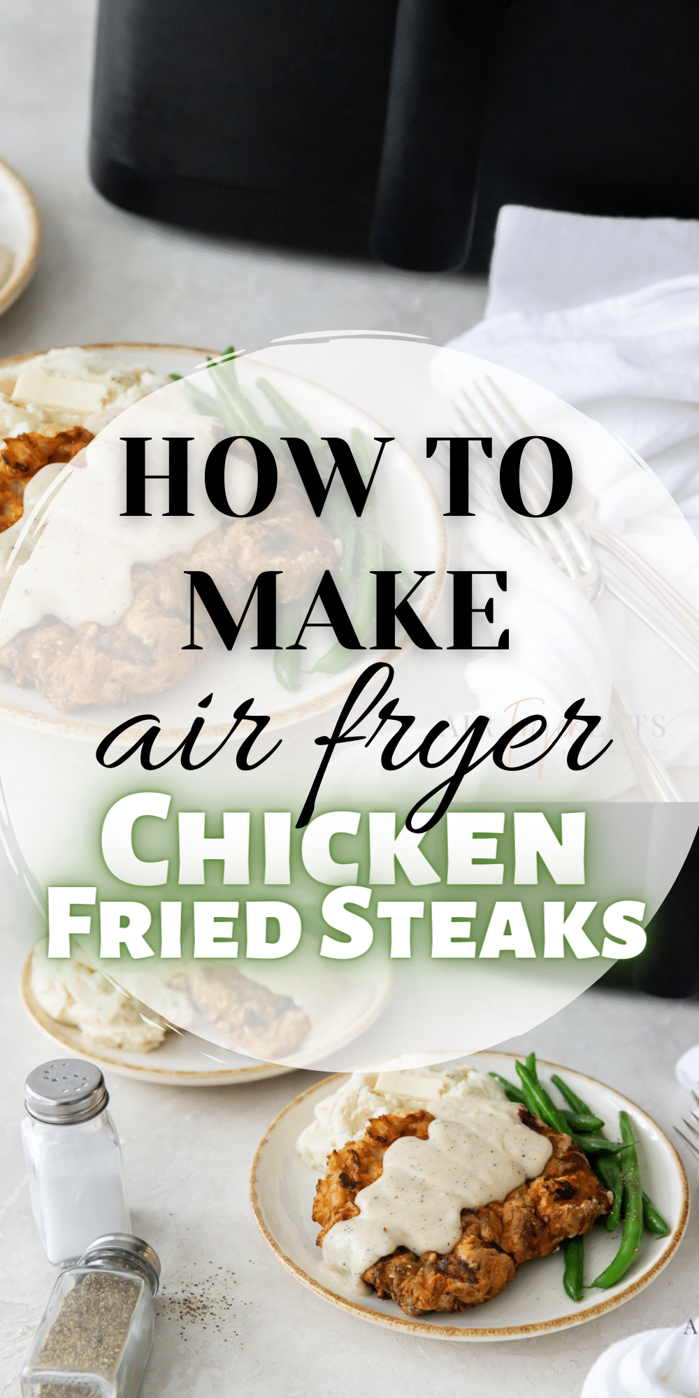 Air Fryer Chicken Fried Steak with a creamy, peppery, country gravy is a traditional Southern dinner, made healthier and with less mess using your favorite kitchen appliance. #airfryersteak #chickenfriedsteak via @vegetarianmamma