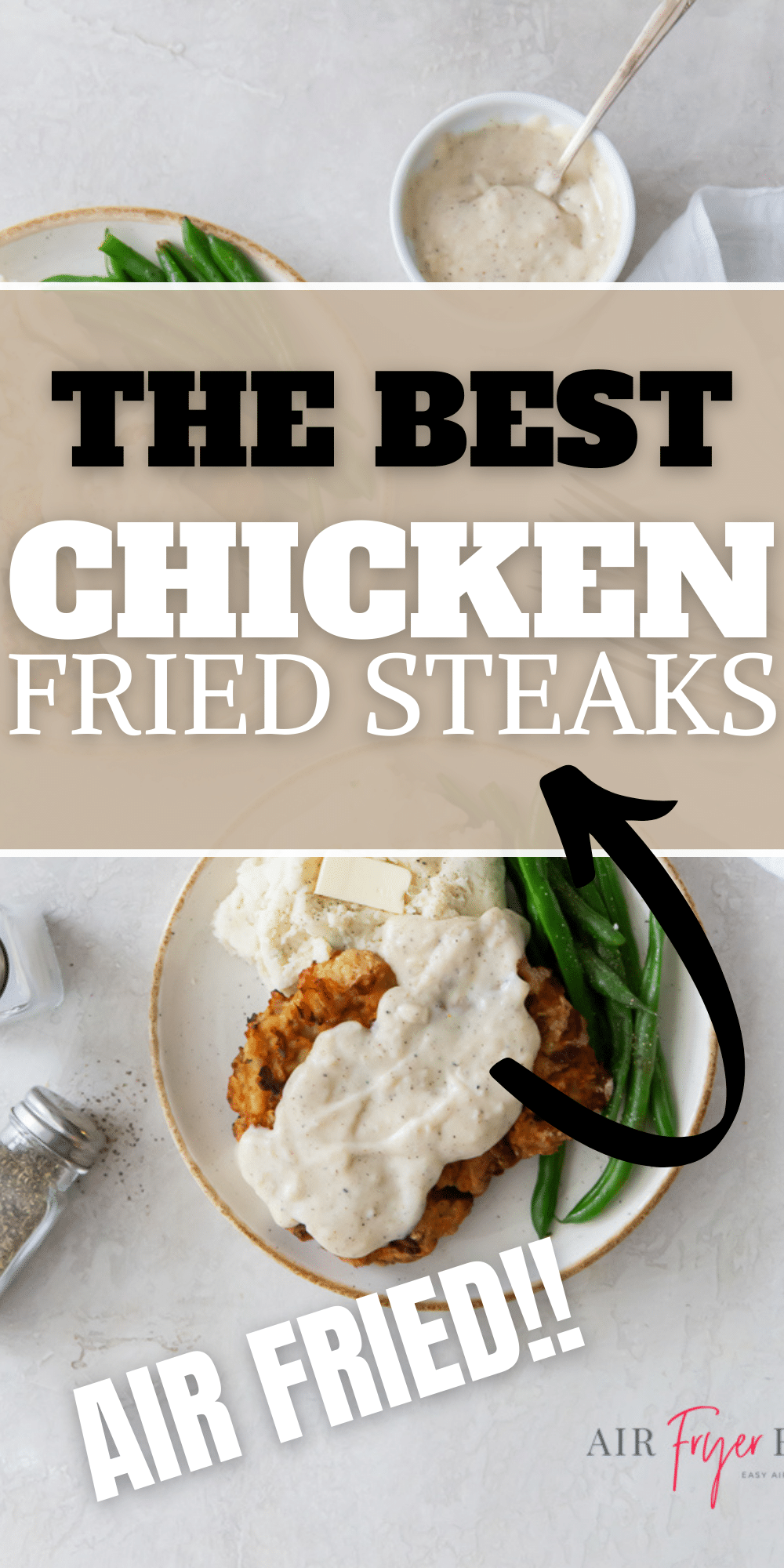Air Fryer Chicken Fried Steak with a creamy, peppery, country gravy is a traditional Southern dinner, made healthier and with less mess using your favorite kitchen appliance. #airfryersteak #chickenfriedsteak via @vegetarianmamma