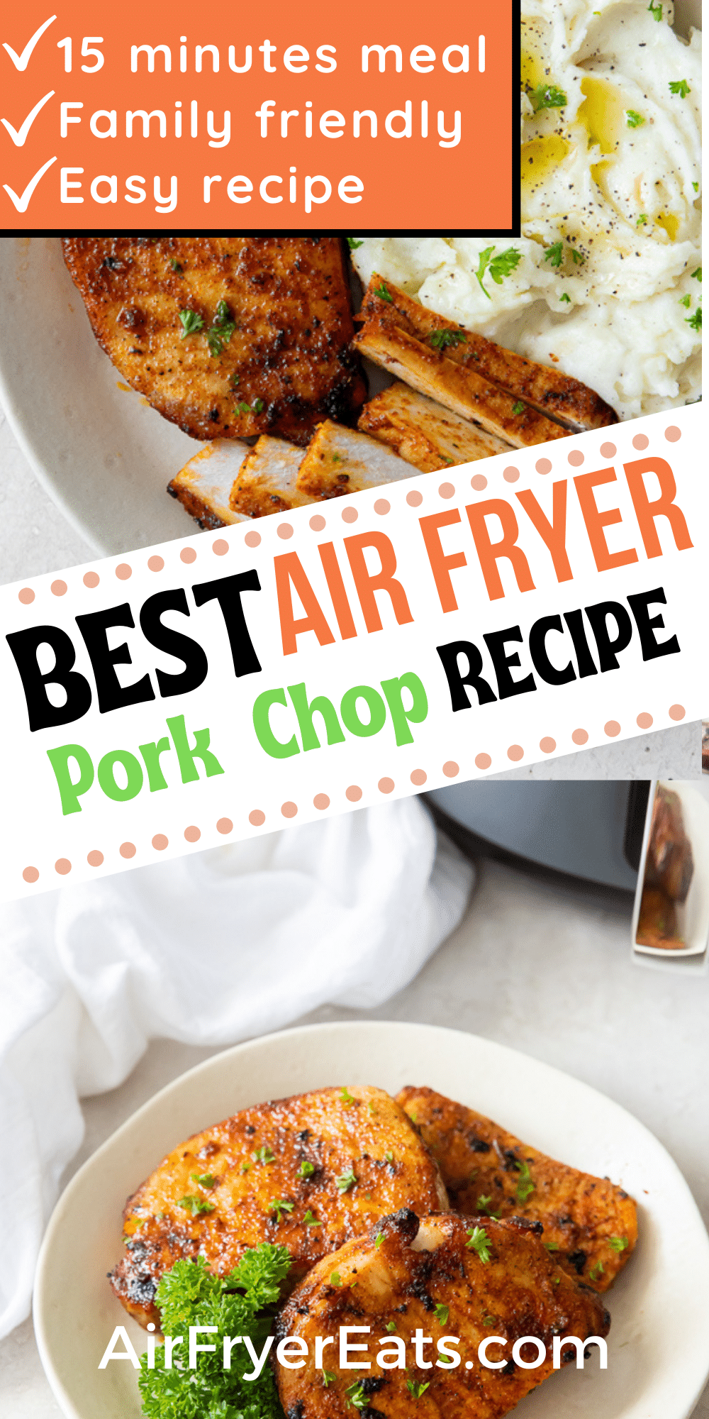 Air Fryer Pork chops - no breading needed to enjoy juicy, delicious pork chops in the air fryer! A simple seasoning blend gives these air fryer pork chops great flavor, and they're ready in less than 10 minutes. #porkchops @airfryerpork via @vegetarianmamma