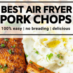 air fryer pork chop with no breading, one whole, another sliced thinly, with a side of mashed potatoes and a parsley sprig
