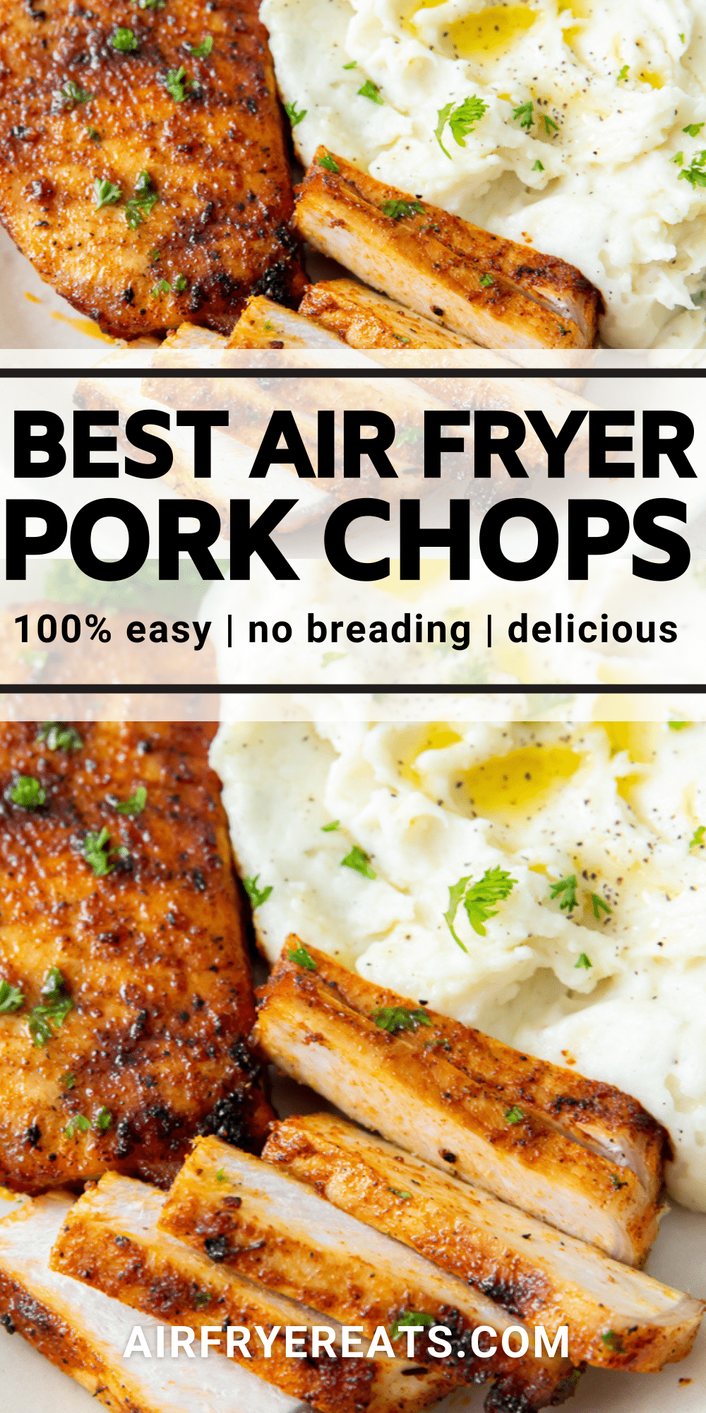 Air Fryer Pork chops - no breading needed to enjoy juicy, delicious pork chops in the air fryer! A simple seasoning blend gives these air fryer pork chops great flavor, and they're ready in less than 10 minutes. #porkchops @airfryerpork via @vegetarianmamma