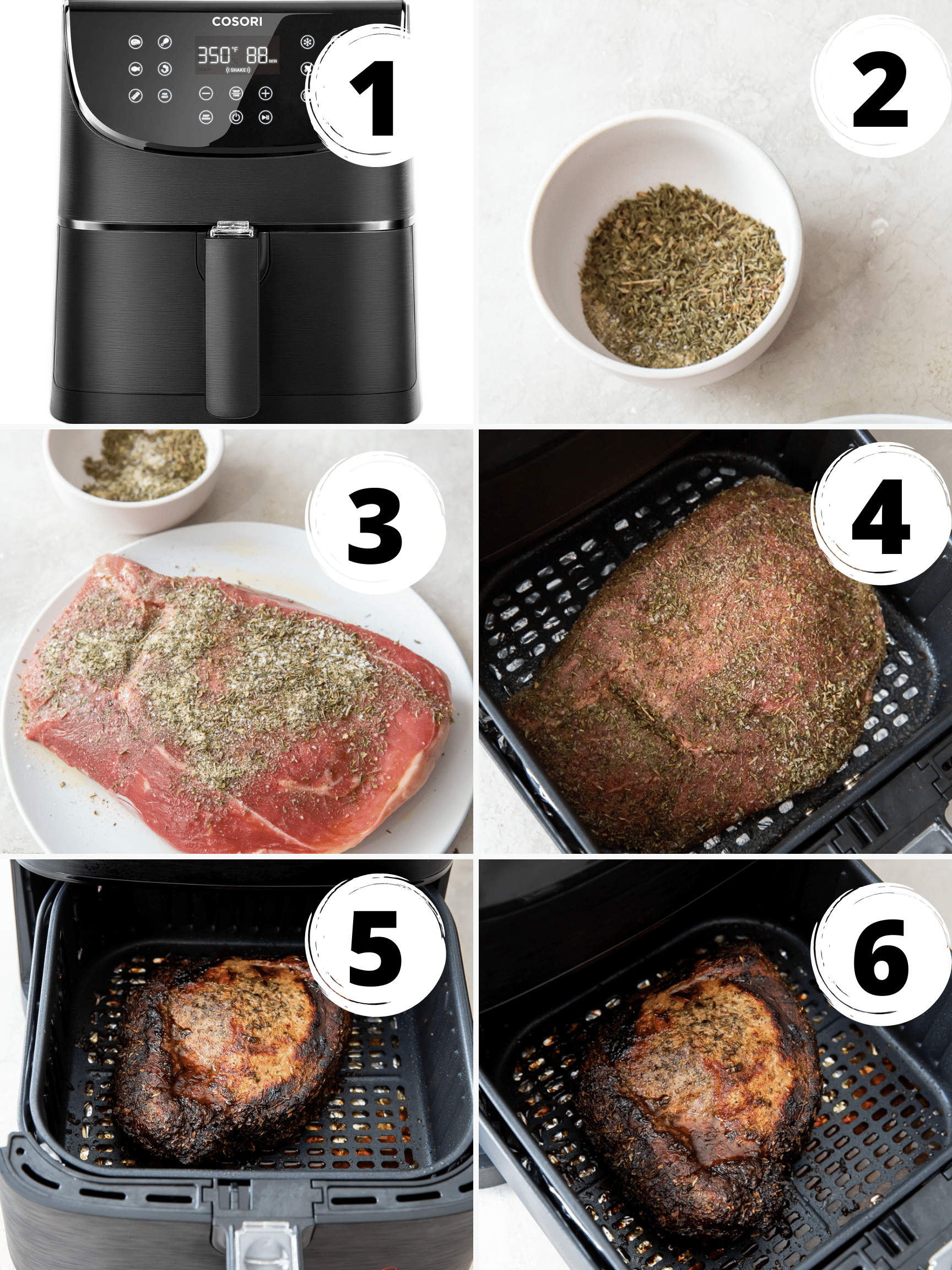 photo collage showing 6 steps needed to make air fryer roast beef