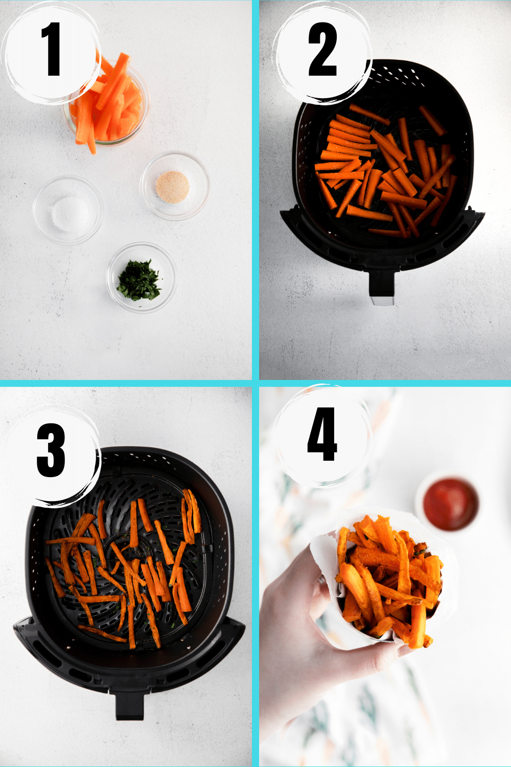 photo collage showing four steps needed to make air fryer carrot fries
