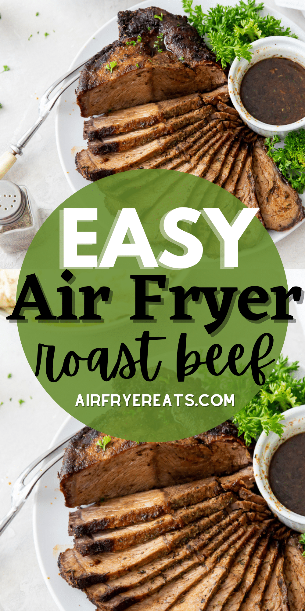 images of air fryer roast beef with text overlay