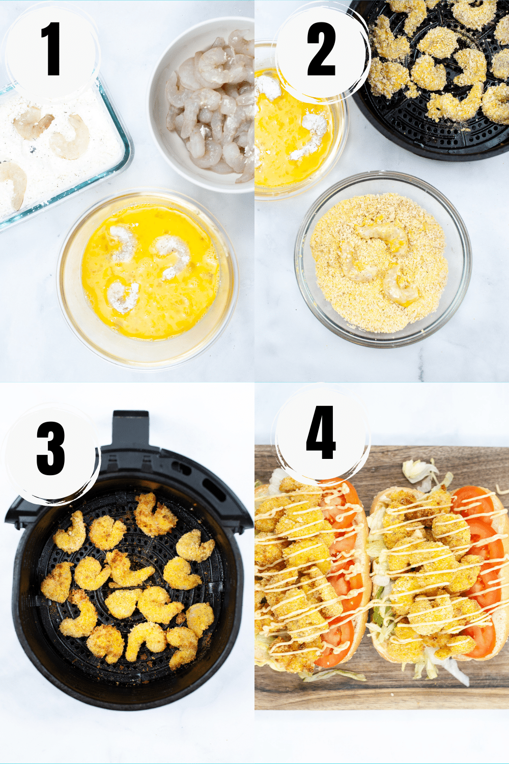 Photo collage showing four steps needed to make air fryer shrimp po boys