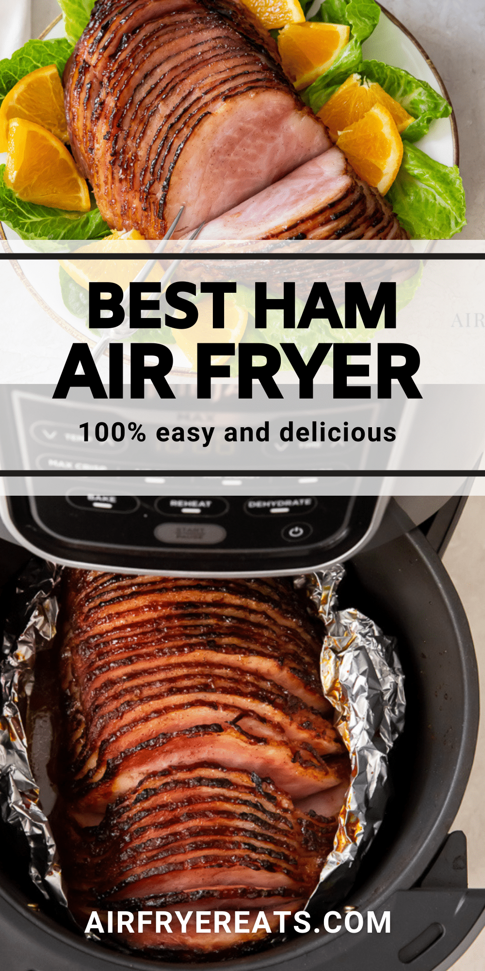 Air Fryer Ham is a time saving way to cook a ham for a holiday dinner or weekend meal. A homemade maple glaze makes this air fryer ham recipe the best you'll find. #airfryerham #holidayham via @vegetarianmamma