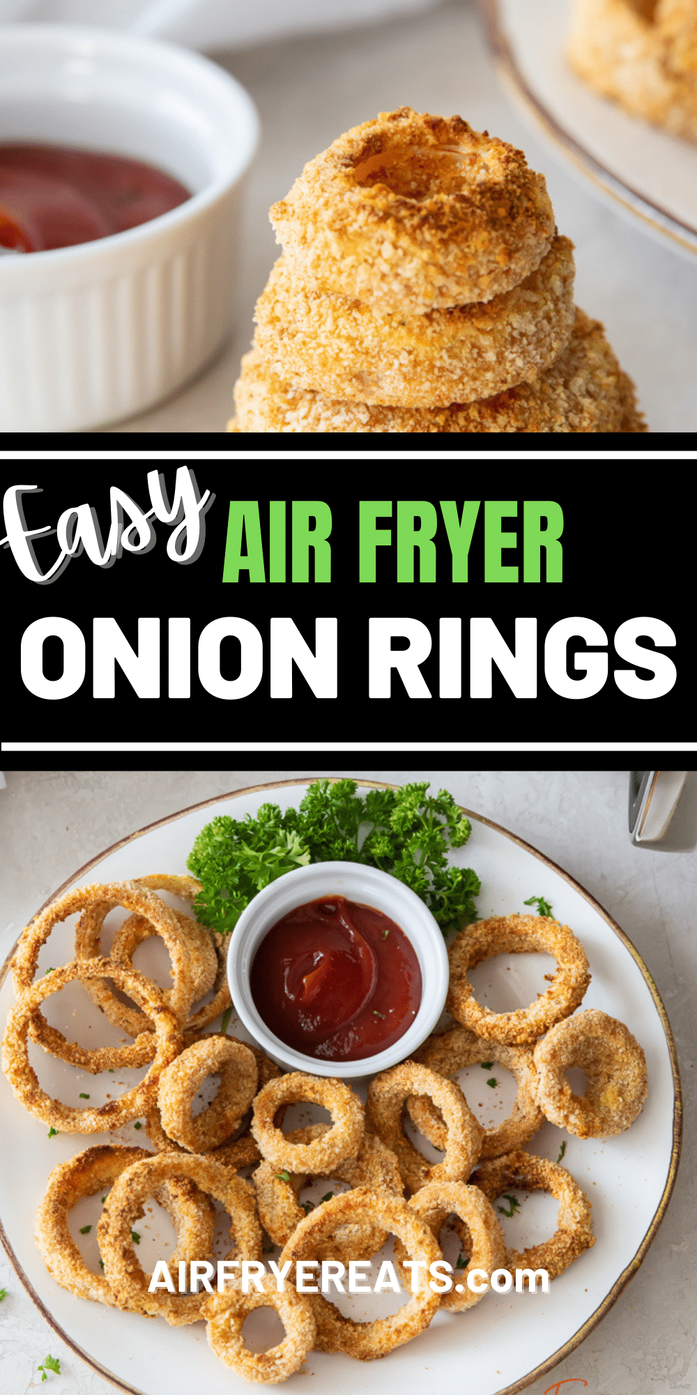 These crispy seasoned onion rings are so easy and quick to make! Enjoy healthier onion rings whenever you like with this simple Air Fryer Onion Rings recipe. #onionrings #airfryeronionrings via @vegetarianmamma