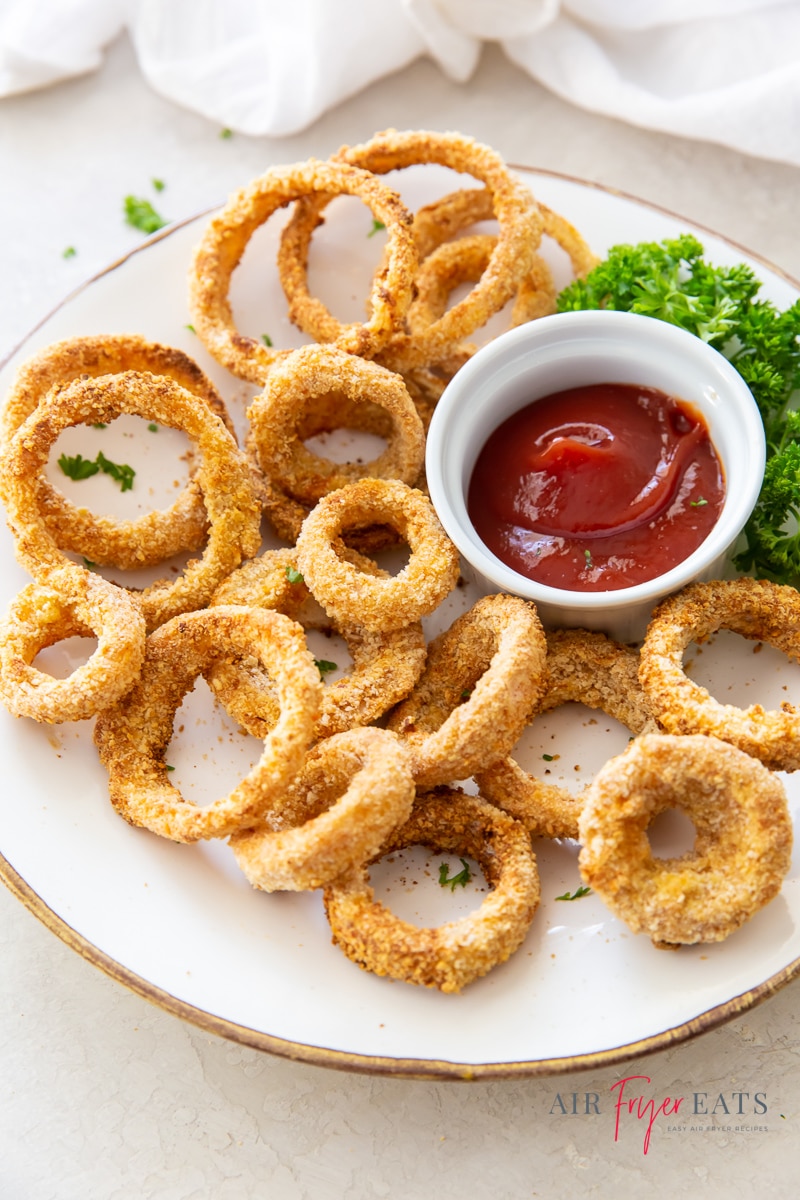 a white plate of crispy onion rings with a small cup of ketchup. Garnished with a piece of green leaf lettuce.