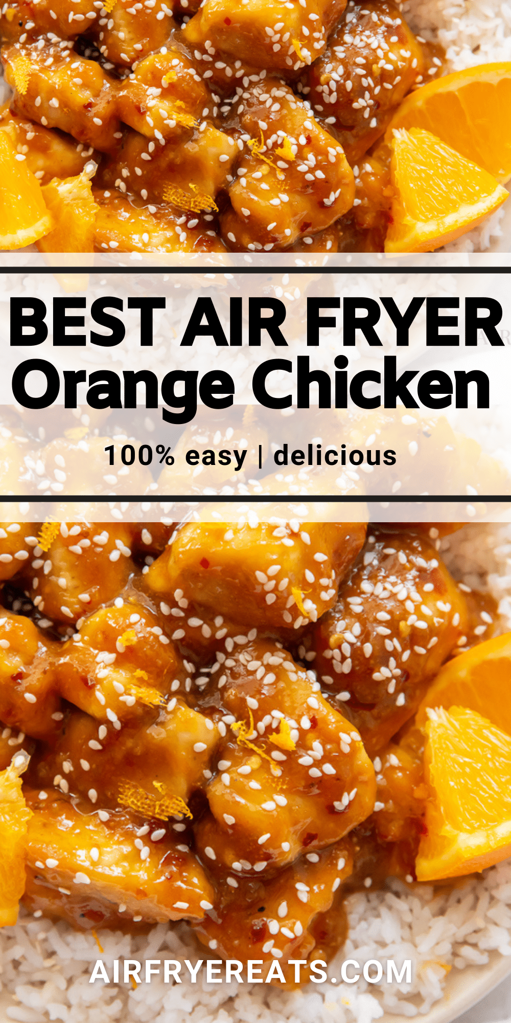 Images of air fryer orange chicken with text overlay