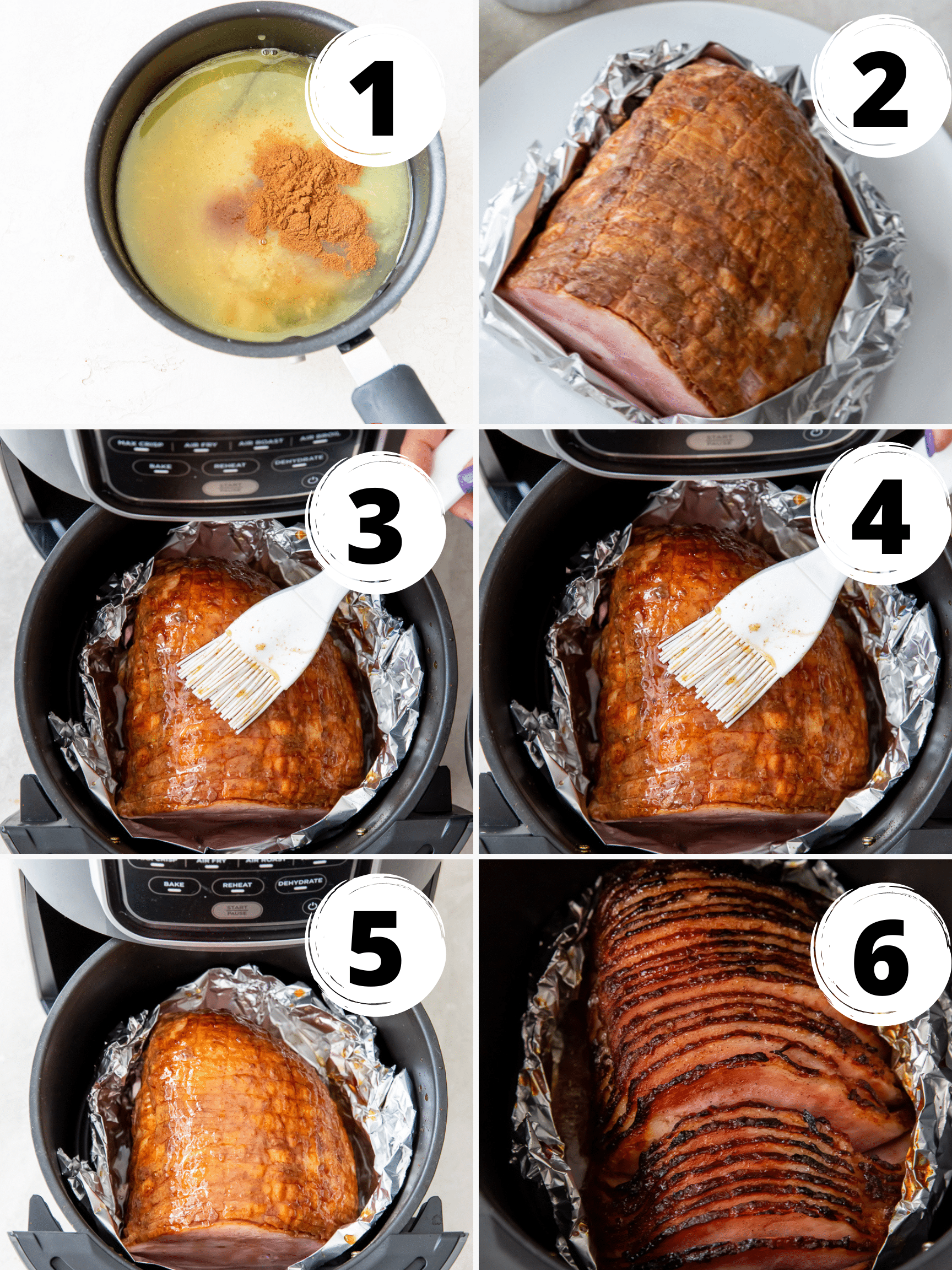 photo collage showing six images of steps needed to make a ham in the air fryer. 