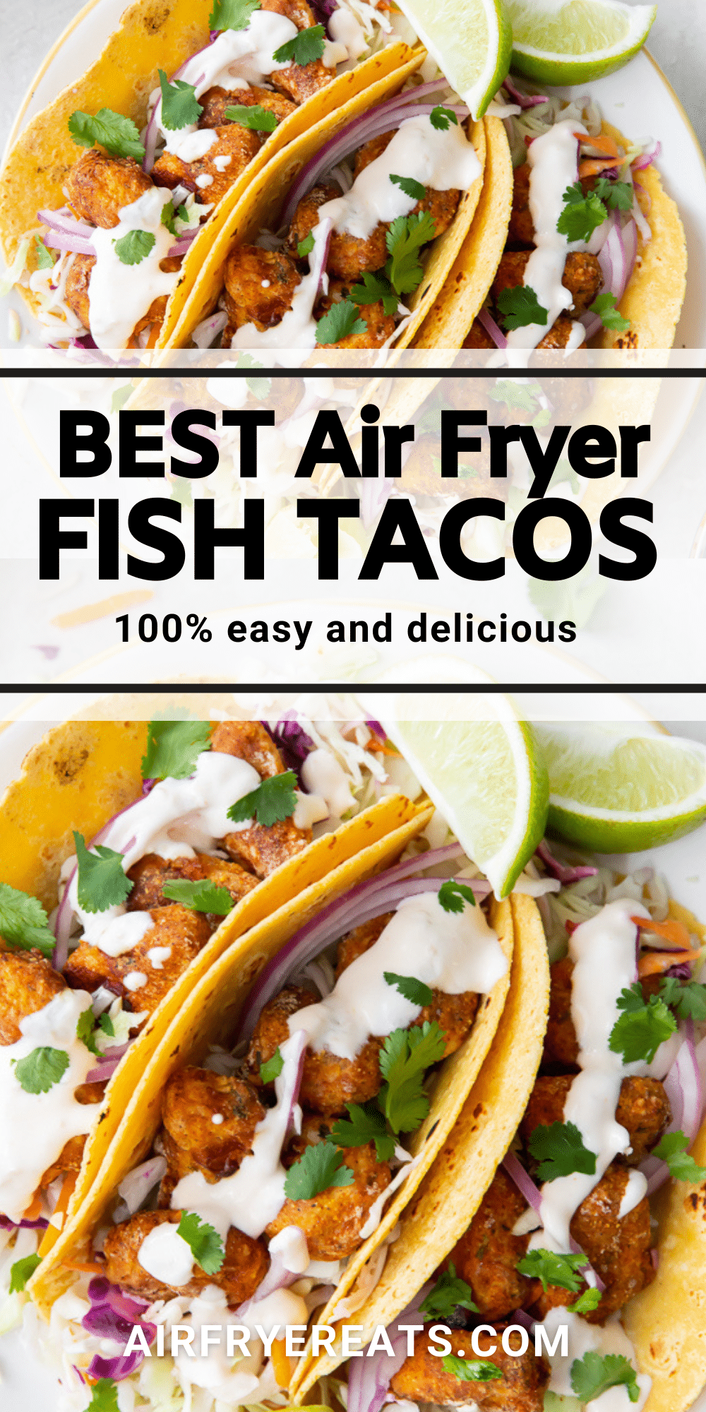Air Fryer Fish Tacos are tender and juicy white fish with a crispy cornmeal breading. Wrapped in tortillas and topped with authentic Mexican taco toppings, including a delicious garlic lime crema sauce, these fish tacos will be the best you've ever had. #fishtacos #airfryerfish via @vegetarianmamma