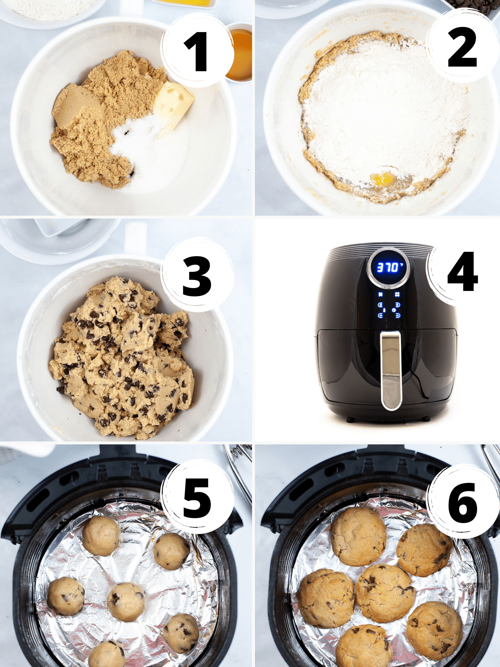 photo collage showing six steps needed to make air fryer chocolate chip cookies