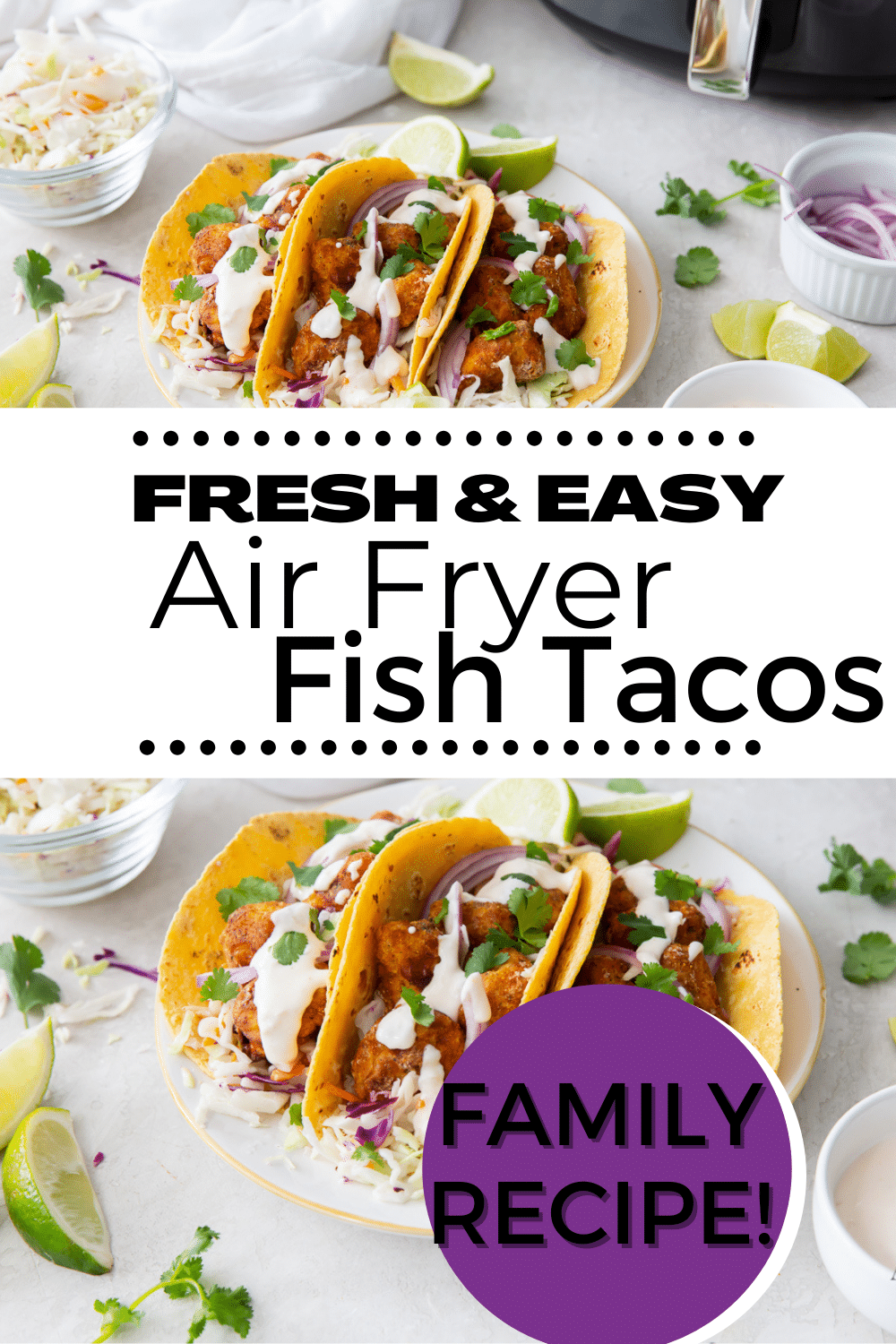 images of crispy air fryer fish tacos with text overlay
