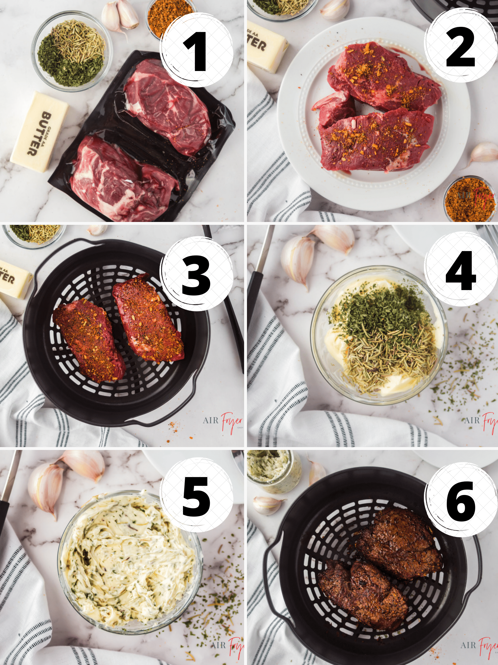 Photo collage showing six steps needed to make steak in a ninja foodi air fryer