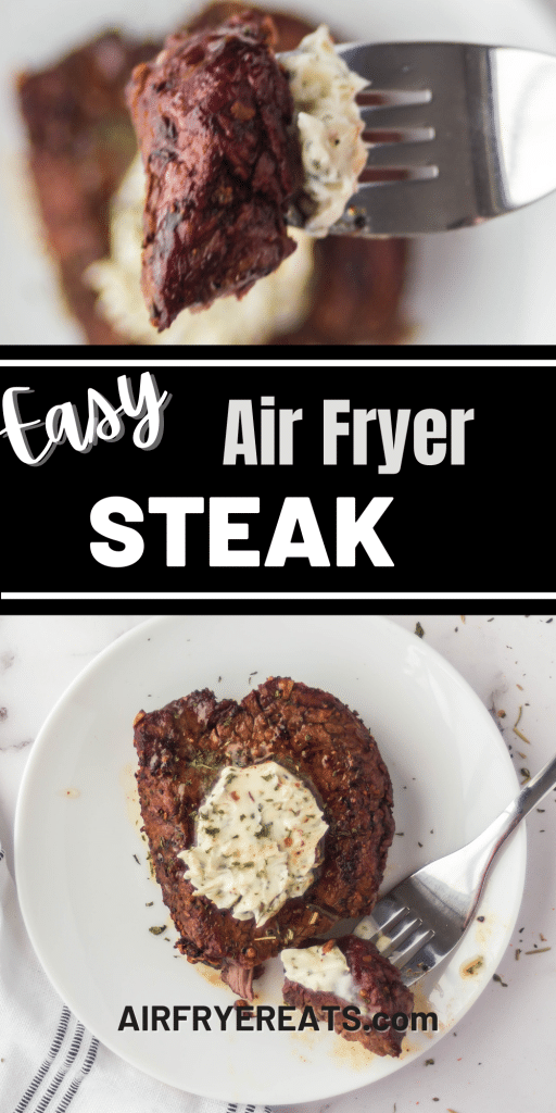 images of ninja foodi steak. A black box in the center has white text saying, Easy Air Fryer Steak
