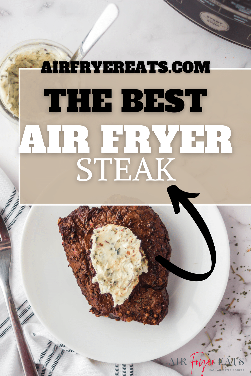 A thick and juicy Ninja Foodi Steak is topped with a savory garlic butter spread, to make the perfect air fryer steak that tastes like you ordered it from your favorite steakhouse. via @vegetarianmamma